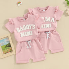 Load image into Gallery viewer, Toddler Baby Girls 2Pcs Daddy&#39;s / Mama Mini Summer Short Frilly Sleeve Letter Top Solid Color Shorts Sets
