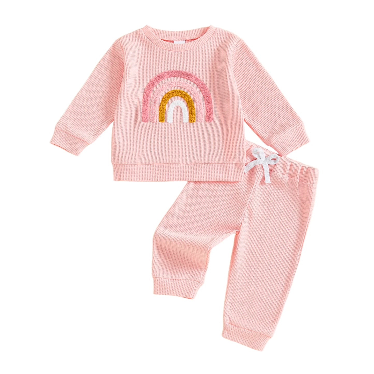 Baby Toddler Girls 2Pcs Fall Set Fashionable Rainbow Embroidery Long Sleeve Pullover Top with Jogger Pants Outfit