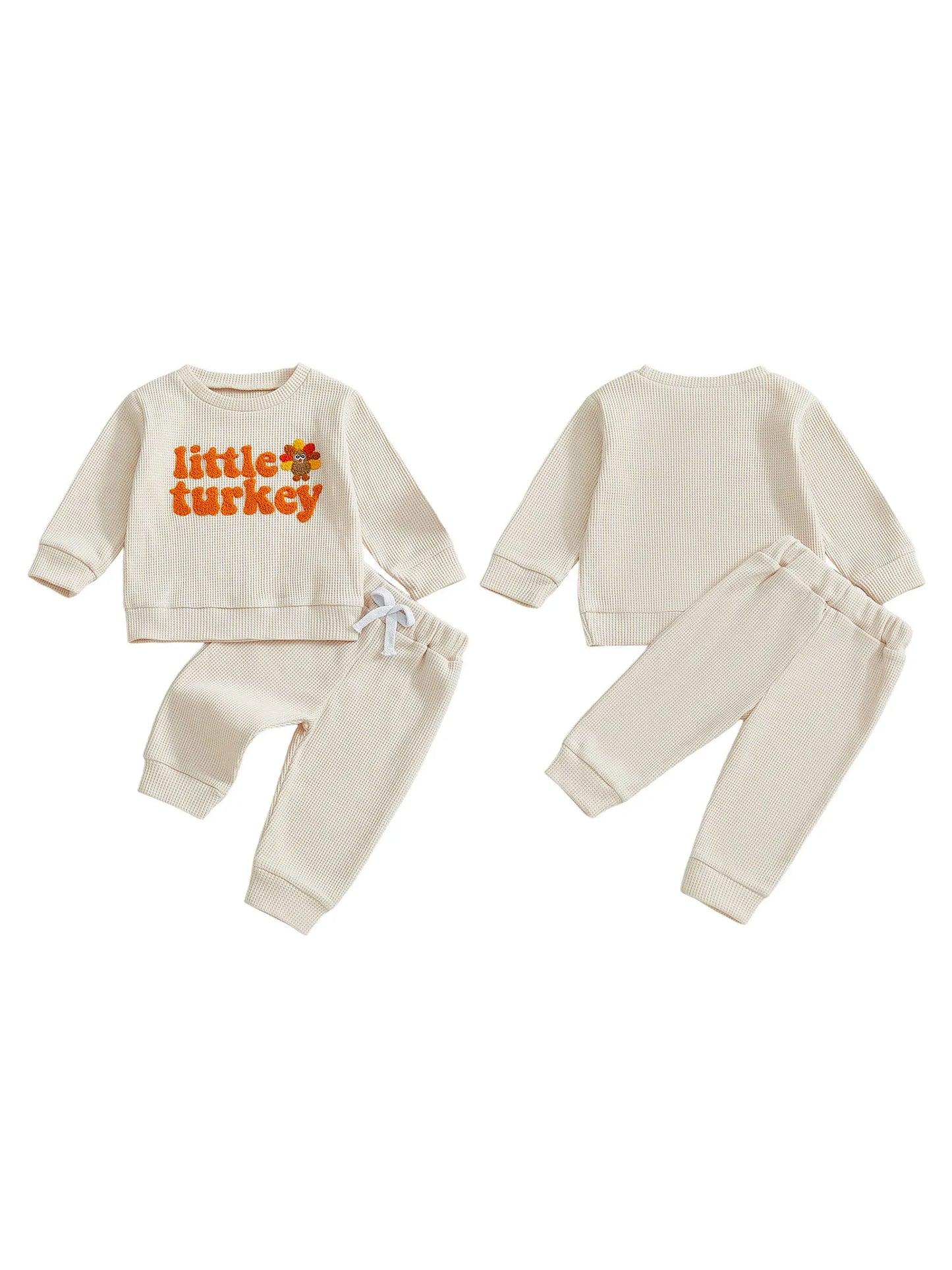 Baby Toddler Boy s2Pcs Little Turkey Thanksgiving Outfit Turkey Letter Embroidery Long Sleeve Pullover Top Elastic Waist Solid Pants Jogger Set