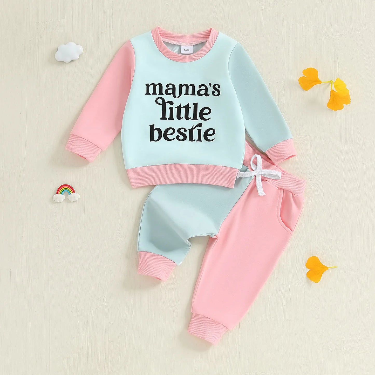 Baby Toddler Girls 2Pcs Mama's Little Bestie Long Sleeve O Neck Contrast Color Top Drawstring Pants Jogger Set
