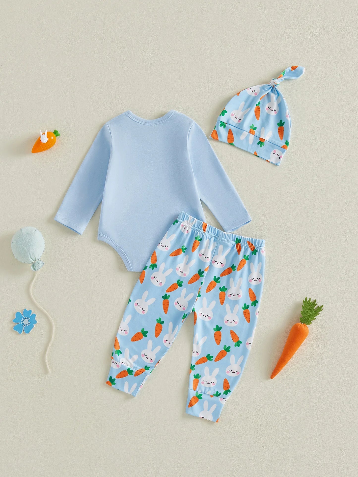 Baby Boy 3Pcs My 1st Easter Outfit Bunny Carrot Print Crew Neck Long Sleeve Romper Pants and Hat Set