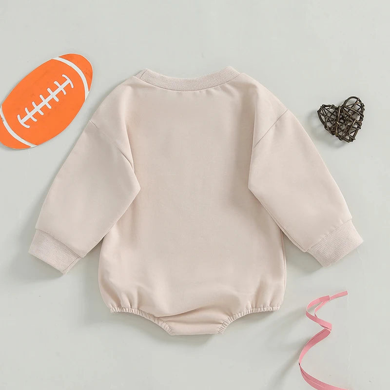 Baby Girl Bubble Romper Long Sleeve Crew Neck Bow Football Print Fall Jumpsuit
