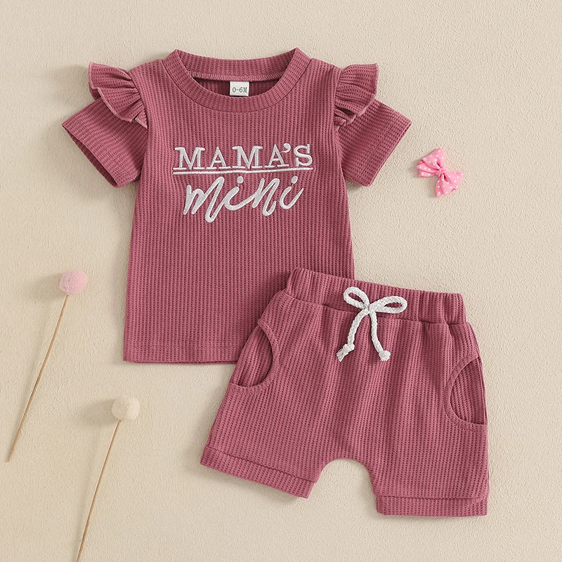 Baby Toddler Girls 2Pcs Waffle Outfit Mama's Mini Letter Embroidery Ruffle Short Sleeve T-Shirt Top and Elastic Shorts Set Clothes