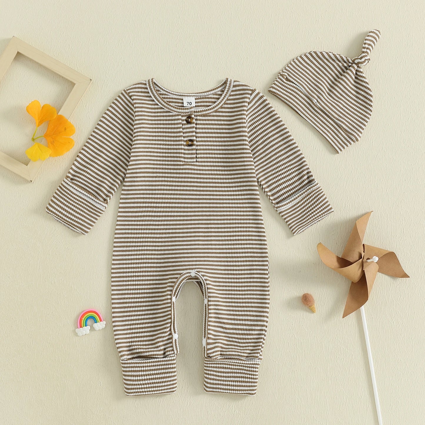 Baby Boys 2Pcs Fall Clothes Romper Stripe Print Long Sleeve Round Neck Full Length Jumpsuit with Hat Set