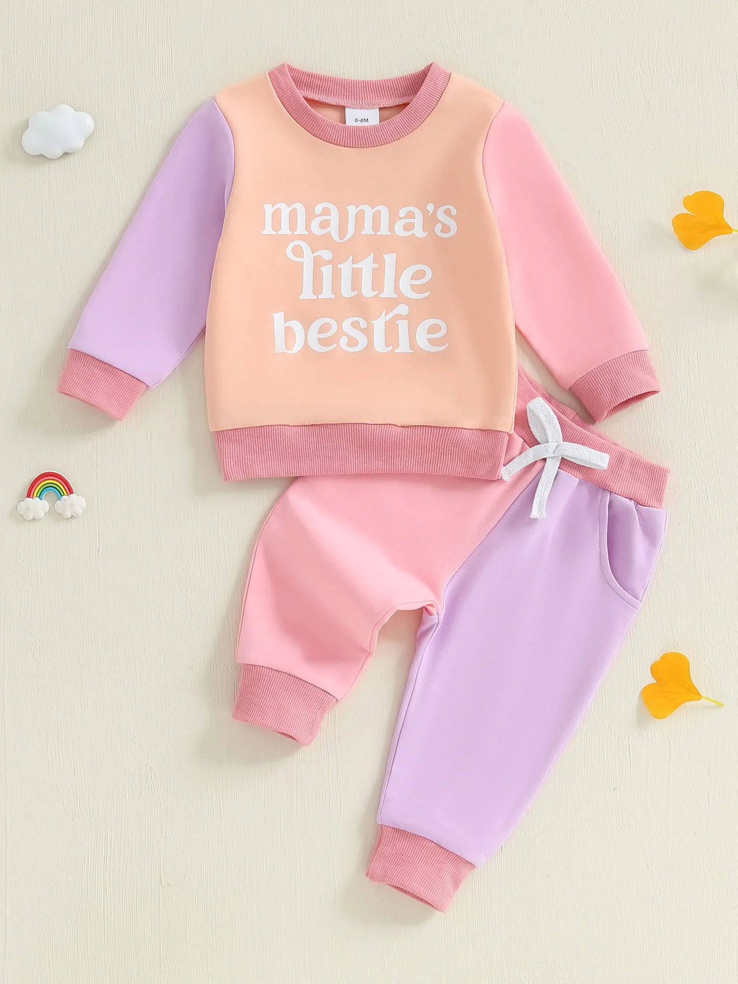 Baby Toddler Girls 2Pcs Mama's Little Bestie Long Sleeve O Neck Contrast Color Top Drawstring Pants Jogger Set