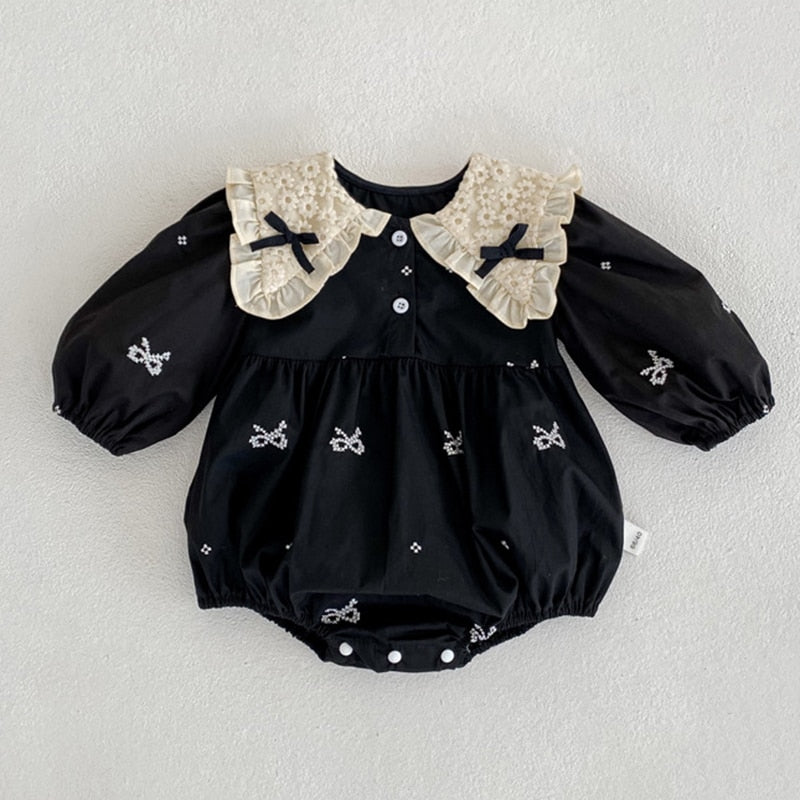 Ribbon Long Sleeve Embroidery Bodysuits Romper
