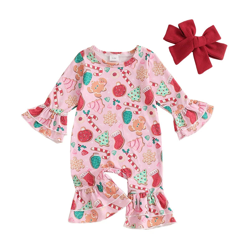 Baby Girls 2Pcs Romper Christmas Print Long Sleeve Jumpsuits Flare Sleeve and Pant and Cute Headband Set Infant Outfits