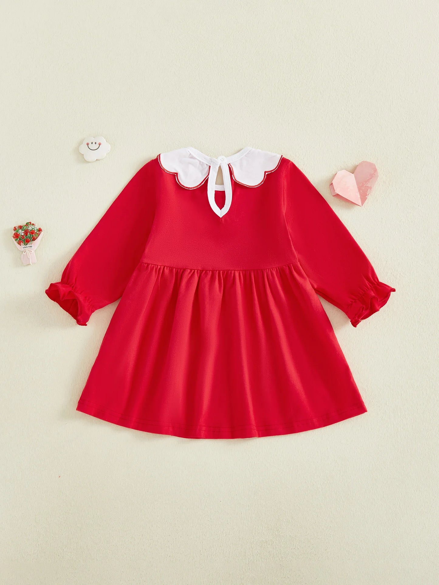 Baby Toddler Girls Valentine's Day Dress Heart Embroidery Collar Bow Decorated Long Sleeve Round Neck Dress