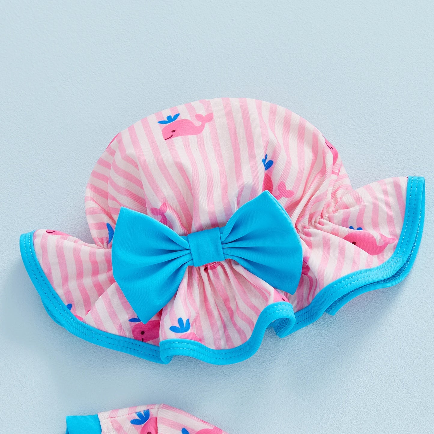 Baby Toddler Girls 2Pcs Swimwear and Hat Set Stripe Whale Print Long Sleeve Round Neck Romper Swimsuit Outfit