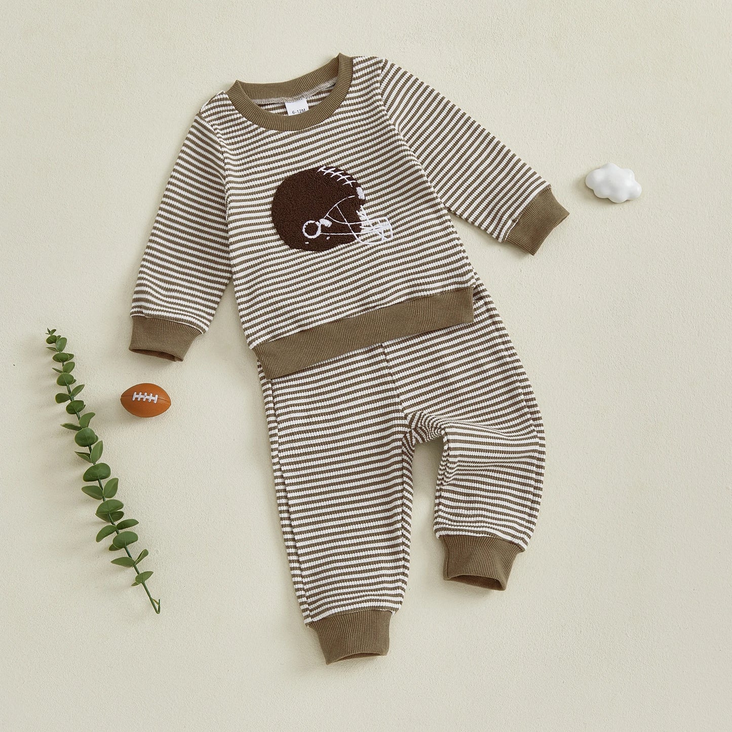 Baby Toddler Boys 2Pcs Football Helmet Outfit Striped Long Sleeve Top Elastic Waist Pants Waffle Jogger Set