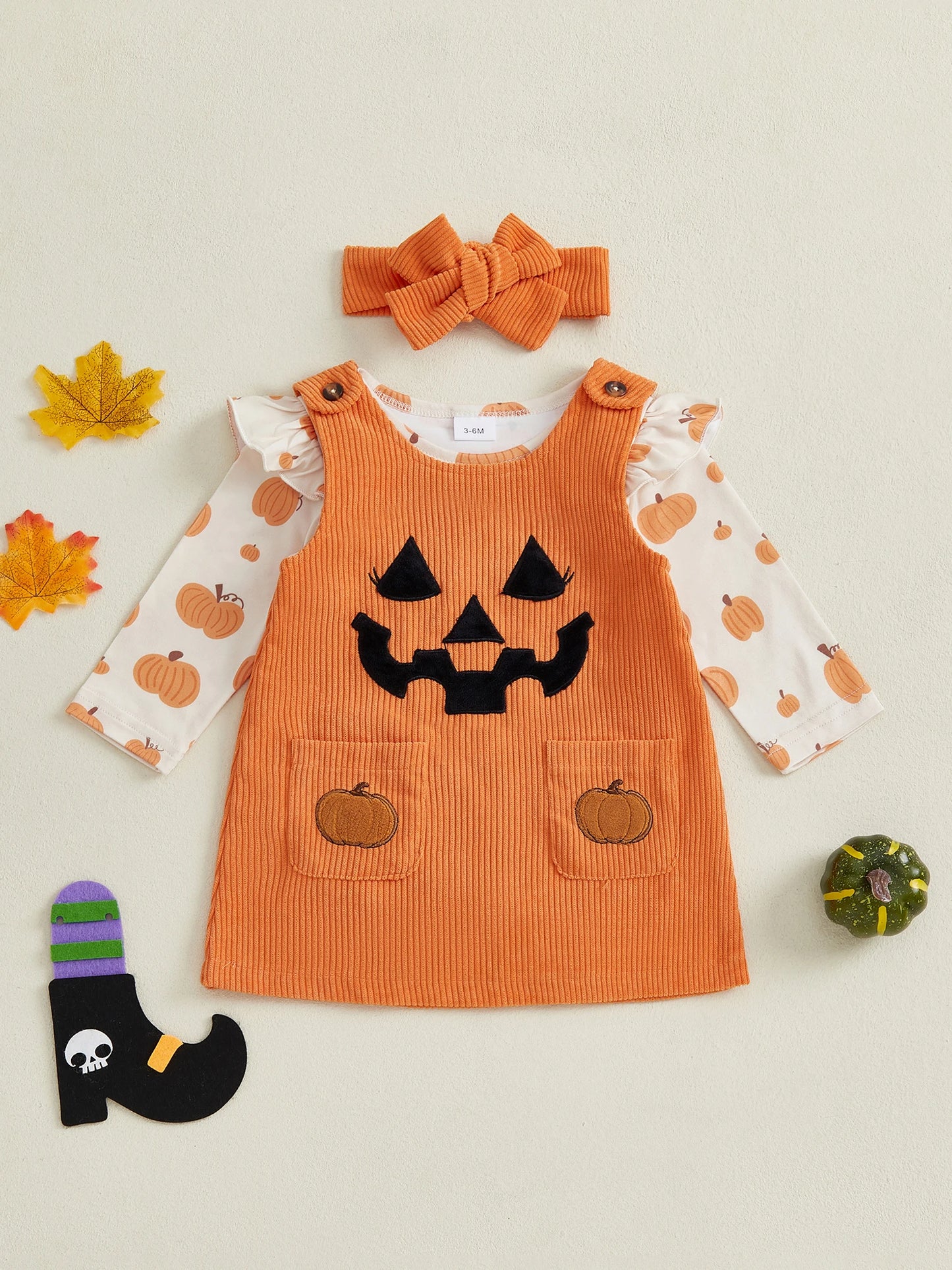 Baby Girls 3Pcs Halloween Outfit Pumpkin Ruffle Long Sleeve Romper Overall Dress Headband Set