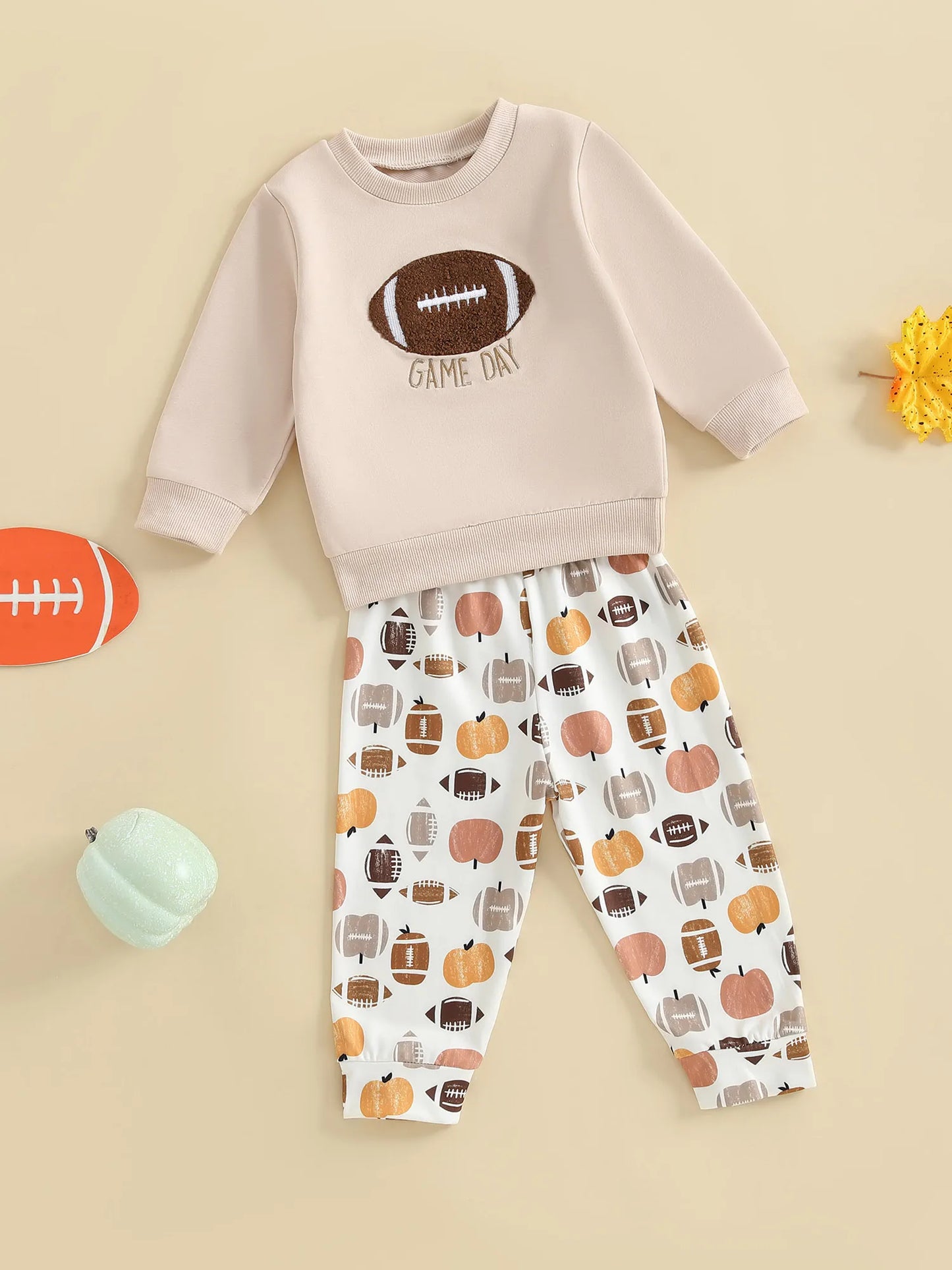 Baby Toddler Boys 2Pcs Game Day Fall Set Long Sleeve Football Embroidery Pullover Top and Pumpkin Print Pants Outfit