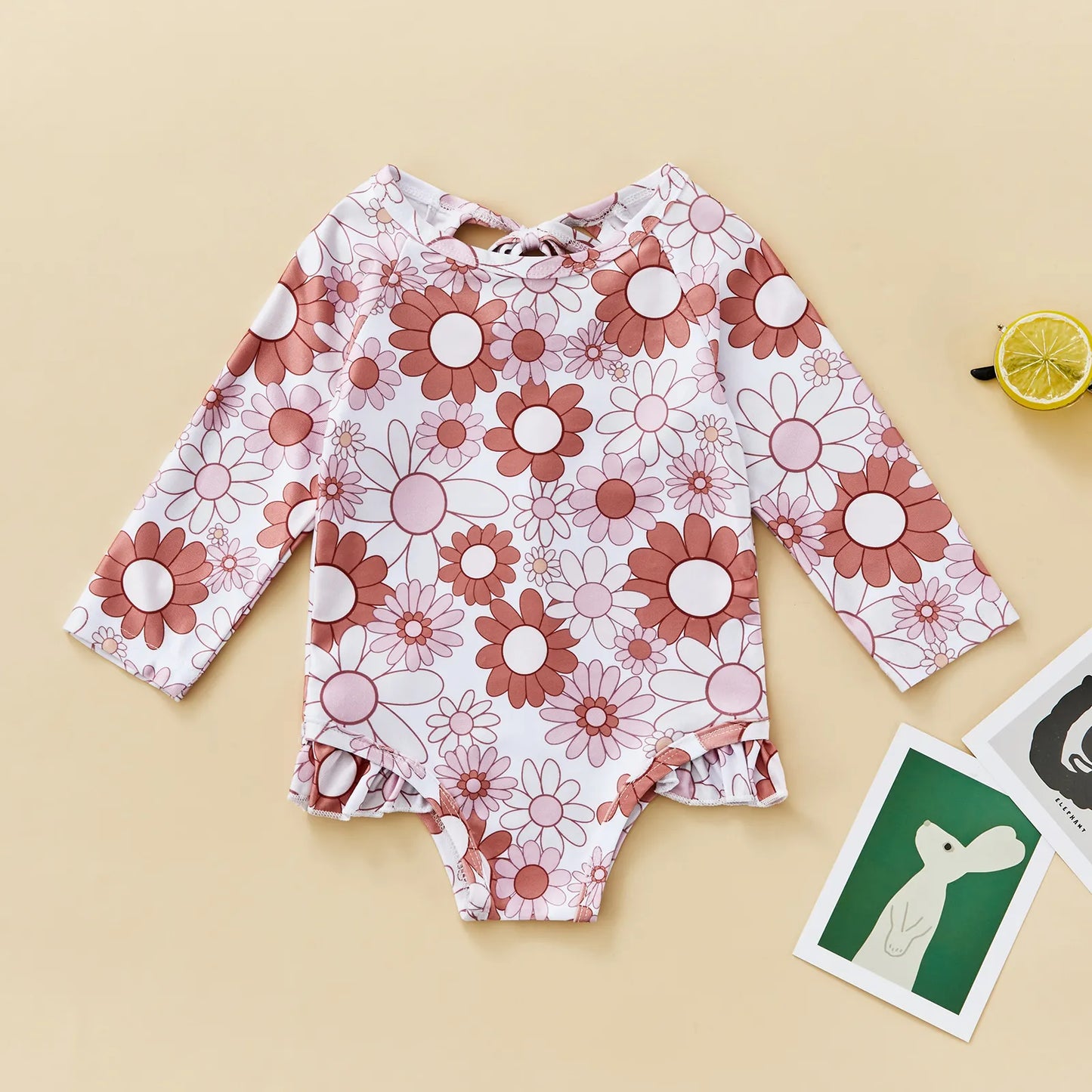 Long Sleeve Printed Ruffle Swimsuit