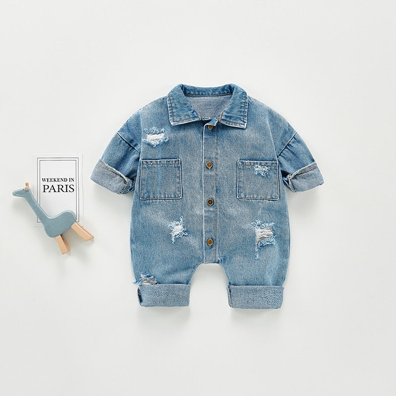 Long Sleeve Distress Denim Jumpsuit Romper