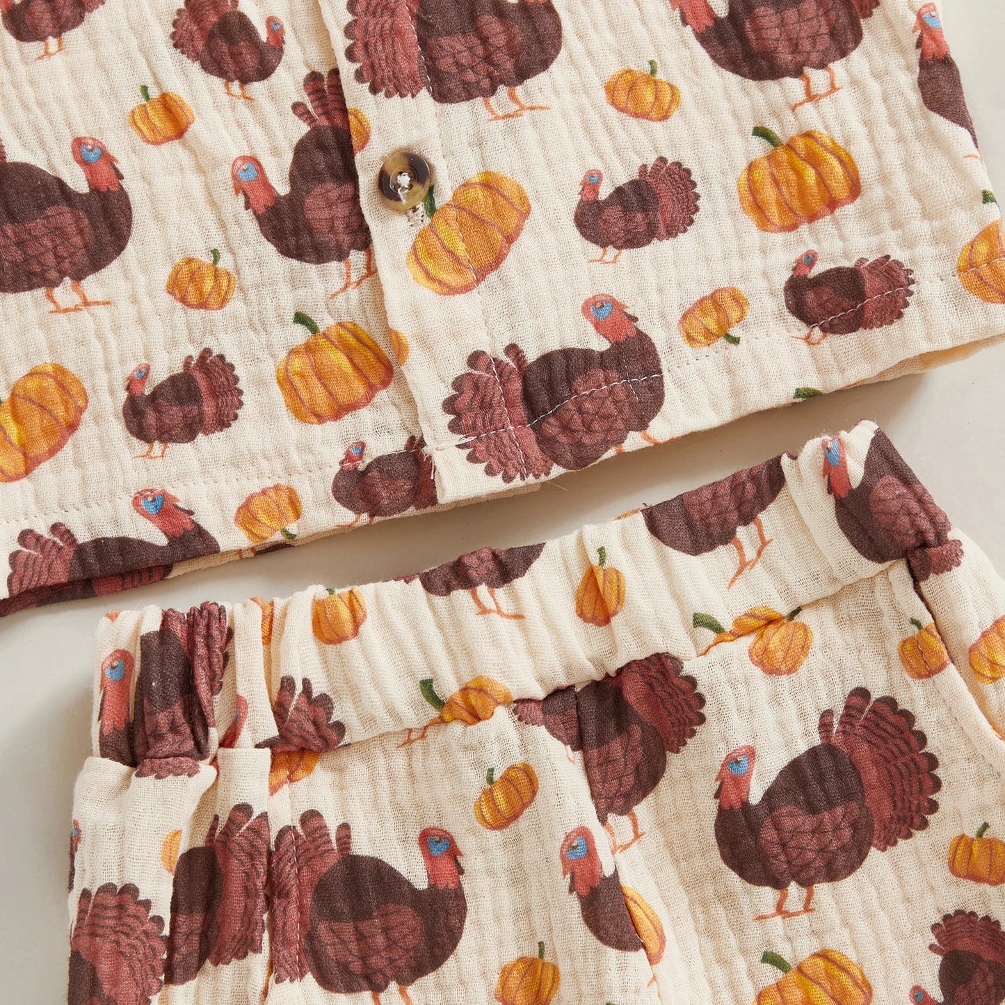 Baby Toddler Boys 2Pcs Thanksgiving Day Short Sleeve Lapel Button Up Turkey Pumpkin Print Top and Shorts Sets