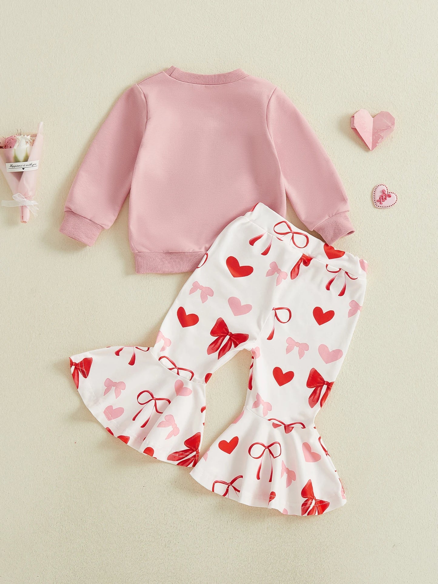 Baby Toddler Girls 2Pcs XOXO Be Mine Valentine's Day Outfit Bow Embroidery Long Sleeve Pullover Top with Bell Bottoms Clothing Set