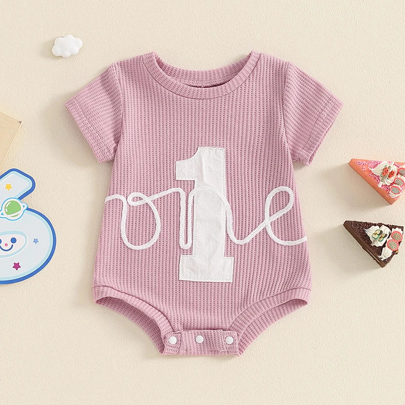 Baby Girls Boys 1st Birthday Romper Waffle Number 1 One Print Short Sleeve Round Neck Summer Bodysuit Jumpsuit