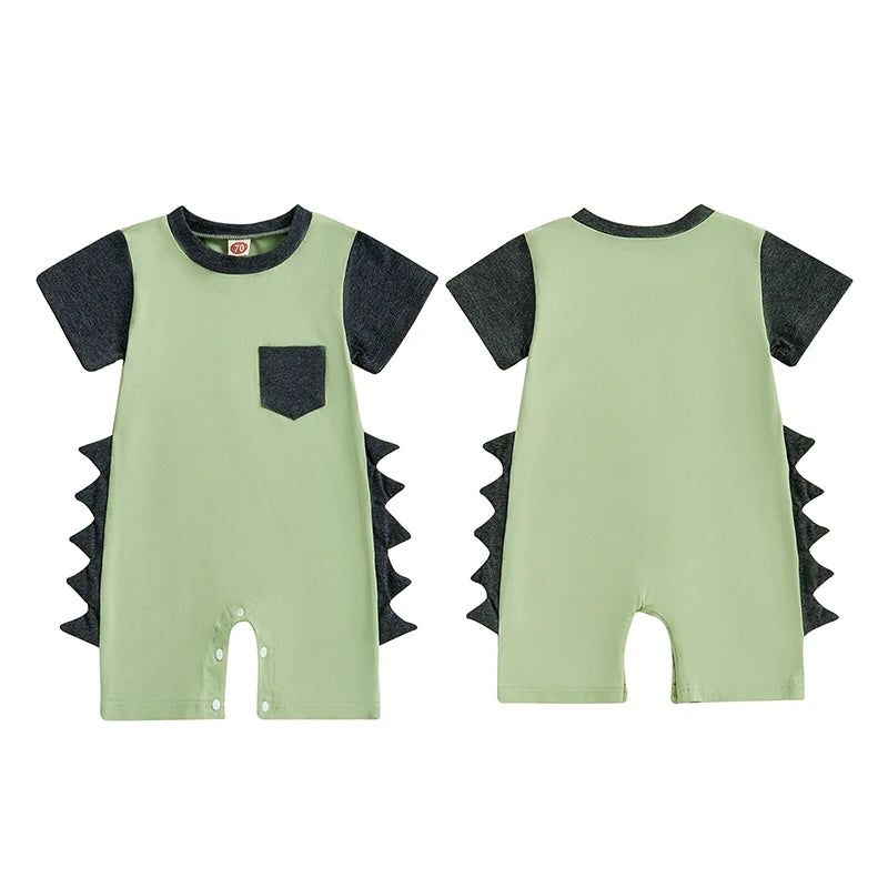 Baby Boy Summer Romper Short Sleeve Round Neck Contrast Color Dinosaur Spikes Jumpsuit Playsuit