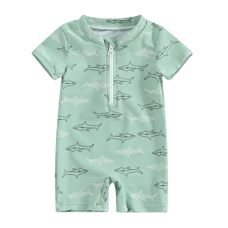 Baby Toddler Boys Summer Swimsuit Rompers Short Sleeve Turtle/Shark Print Zipper Bathing Suit Swimwear Romper
