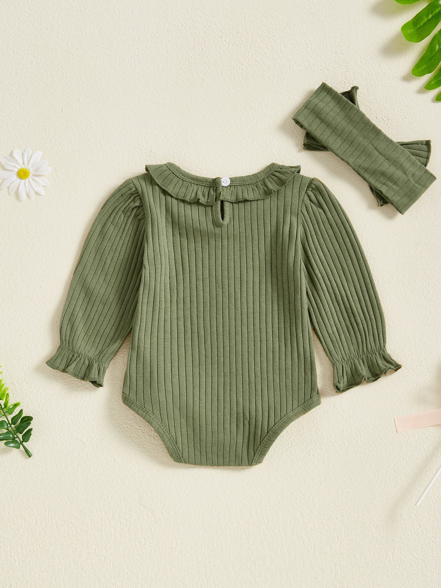 Baby Girl 2Pcs Spring Outfit Long Puff Sleeve Solid Color Bodysuit with Headband Set Infant Clothes