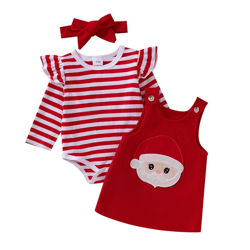 Baby Girls 2Pcs Thanksgiving Christmas Outfits Stripe Long Sleeve Romper Turkey / Santa Embroidery Overalls Dress Headband Set