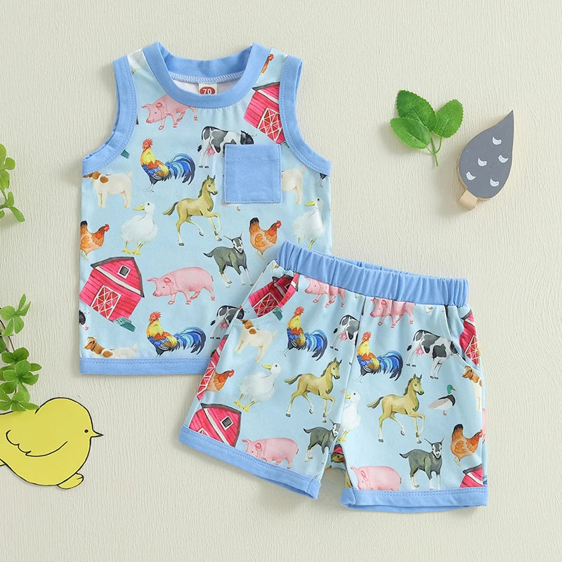 Baby Toddler Boys 2Pcs Tractor Farm Animal Sleeveless Tank Top Elastic Waist Shorts Outfit Summer Clothes Set