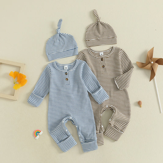 Baby Boys 2Pcs Fall Clothes Romper Stripe Print Long Sleeve Round Neck Full Length Jumpsuit with Hat Set