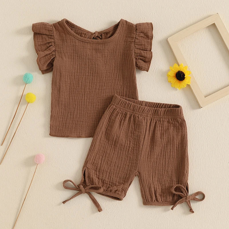 Baby Toddler Girls 2Pcs Summer Outfit Solid Color Short Frill Sleeve Round Neck Top + Elastic Waist Tie Shorts Set
