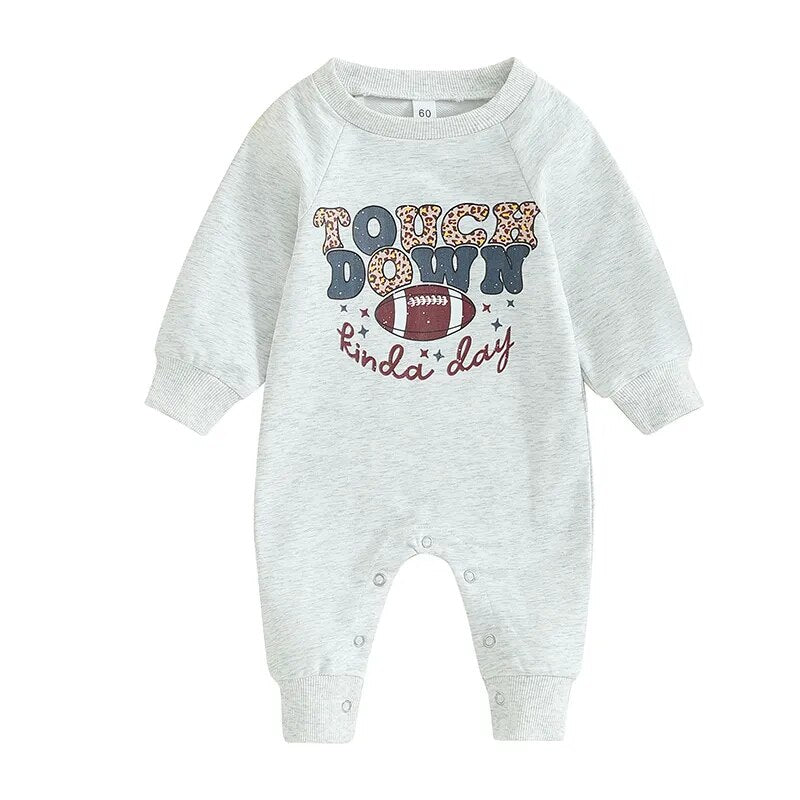 Baby Boys Girls Football Romper Letter Touchdown Kinda Day Long Sleeve Round Neck Loose Fit Jumpsuit