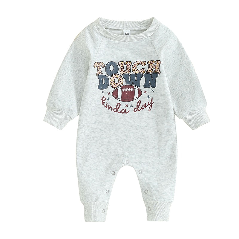 Baby Boys Girls Football Romper Letter Touchdown Kinda Day Long Sleeve Round Neck Loose Fit Jumpsuit