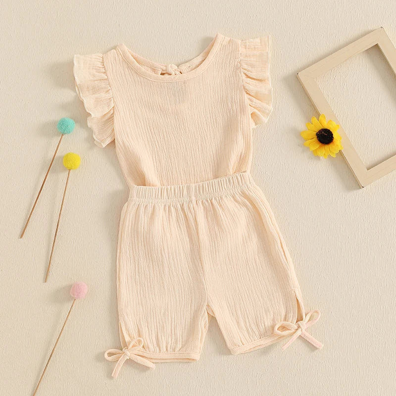 Baby Toddler Girls 2Pcs Summer Outfit Solid Color Short Frill Sleeve Round Neck Top + Elastic Waist Tie Shorts Set