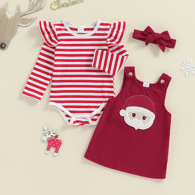 Baby Girls 2Pcs Thanksgiving Christmas Outfits Stripe Long Sleeve Romper Turkey / Santa Embroidery Overalls Dress Headband Set