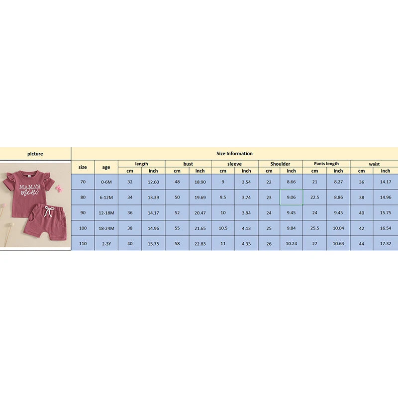 Baby Toddler Girls 2Pcs Waffle Outfit Mama's Mini Letter Embroidery Ruffle Short Sleeve T-Shirt Top and Elastic Shorts Set Clothes