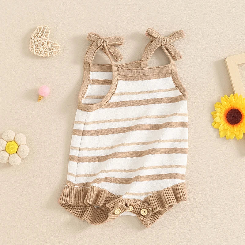 Baby Girls Summer Romper Sleeveless Tank Bow Strap Ruffle Striped Ribbed Jumpsuit Playsuit