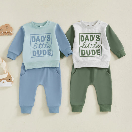 Baby Toddler Boys 2Pcs Autumn Dad's Little Dude Long Sleeve O Neck Letter Print Top Drawstring Pants Jogger Set