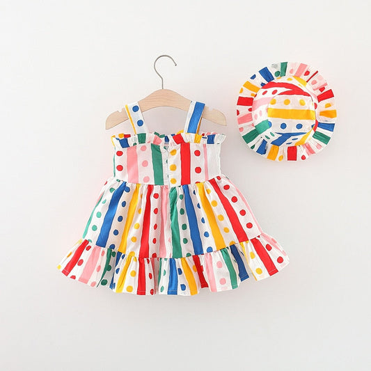 Polka Dot Bow Tie Girl Dress With Hat Set