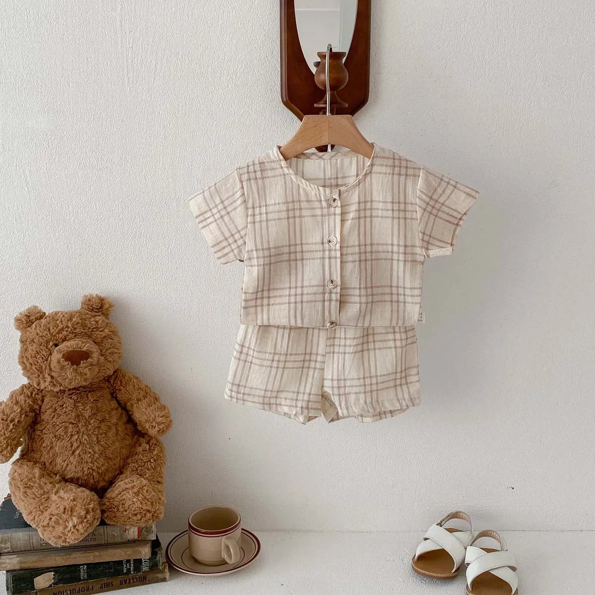 Button Up Plaid Shorts Set