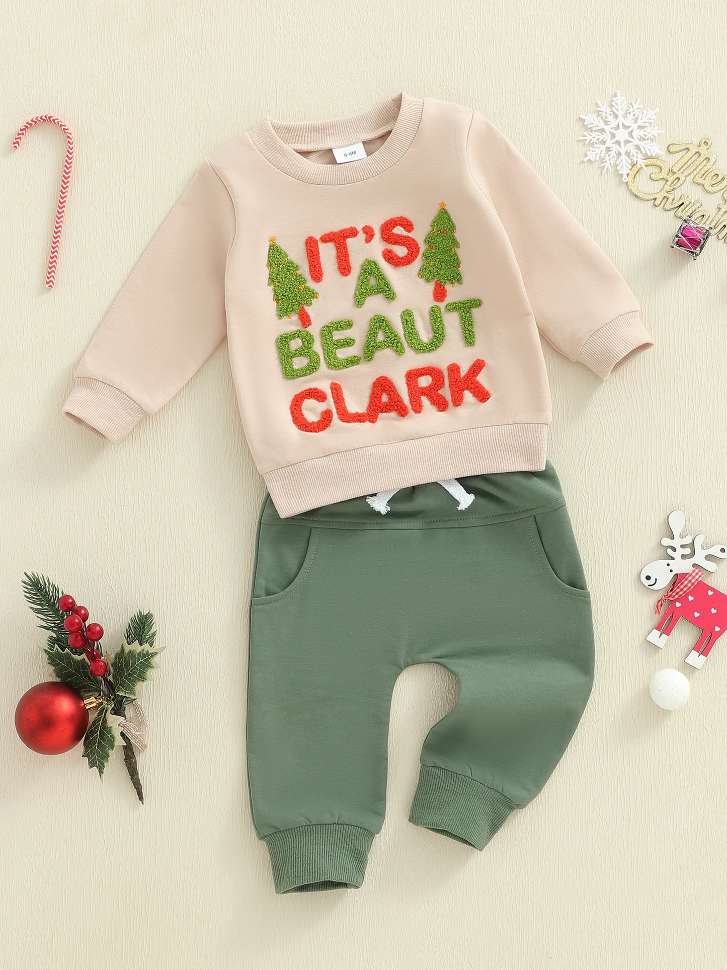 Baby Toddler Boys 2Pcs Christmas It's A Beaut Clark Outfits Long Sleeve Crew Neck Letter Embroidery Top and Elastic Waist Pants Jogger Set