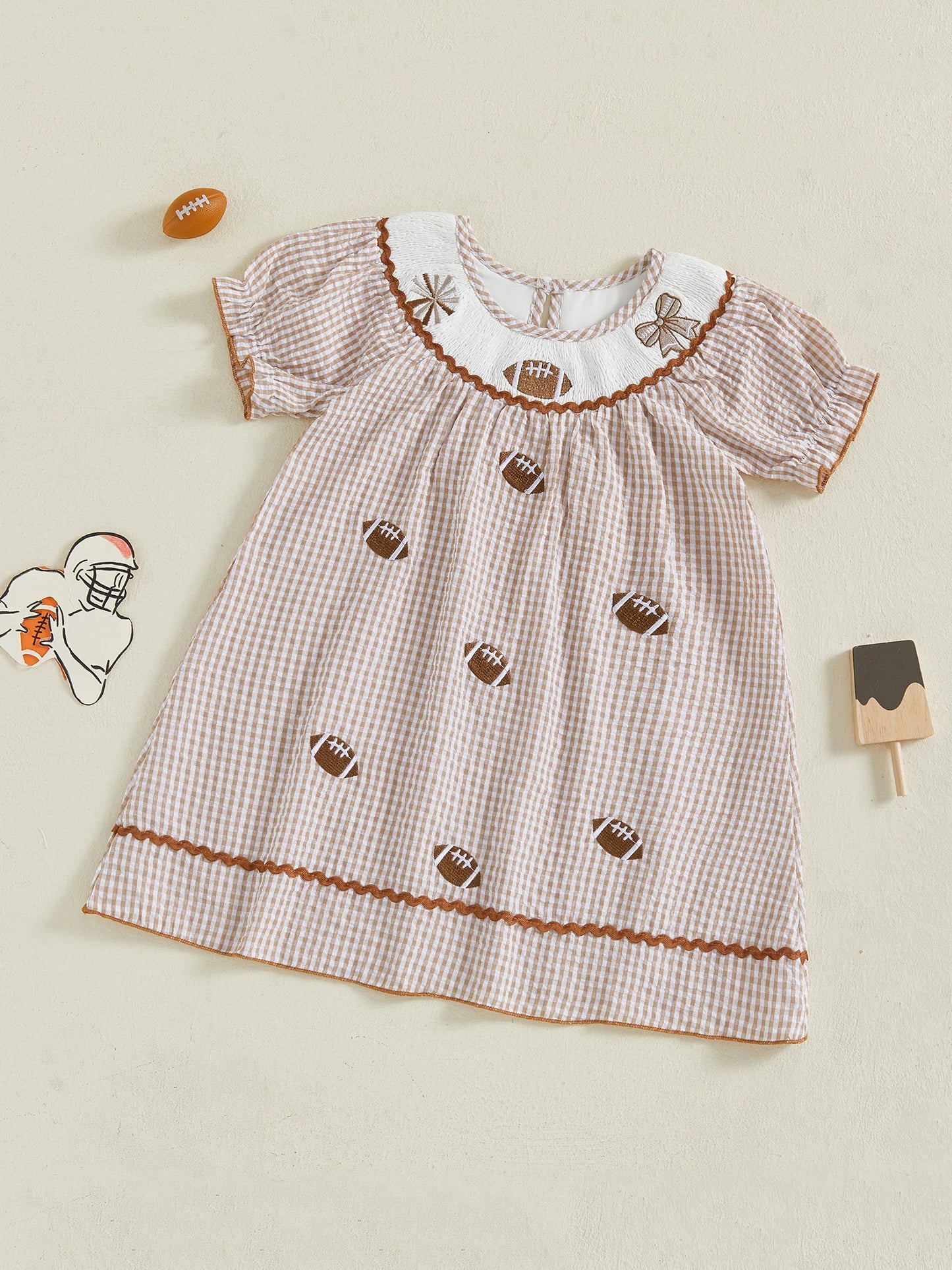 Toddler Kids Girl Dress Loose Fit Football Embroidered Plaid Crew Neck Short Sleeve Dress Summer Fall