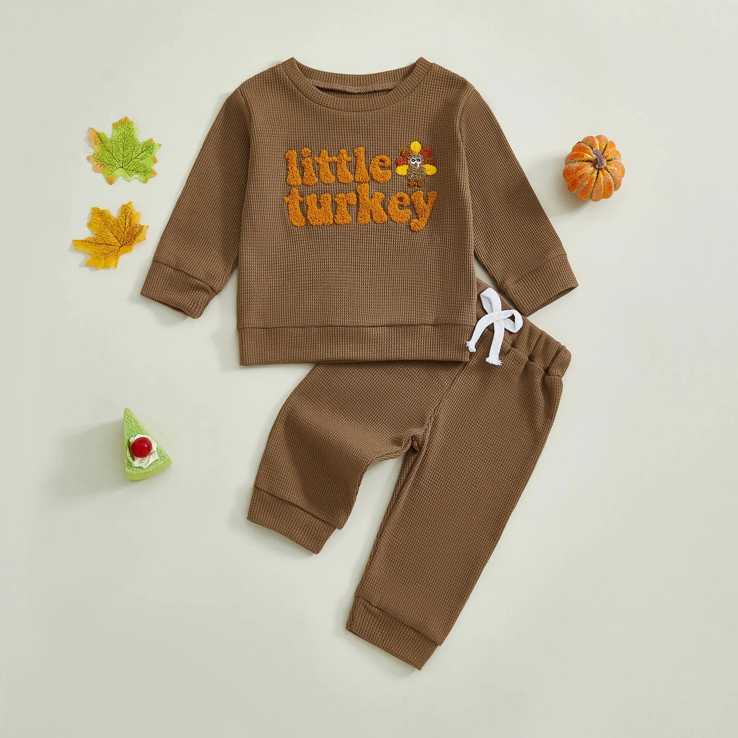 Baby Toddler Boy s2Pcs Little Turkey Thanksgiving Outfit Turkey Letter Embroidery Long Sleeve Pullover Top Elastic Waist Solid Pants Jogger Set