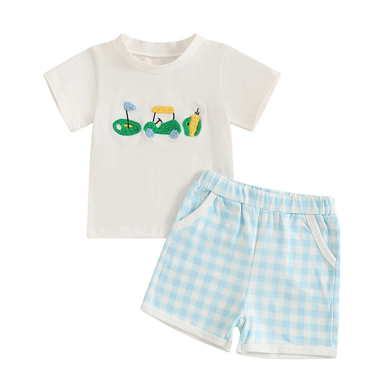 Toddler 2Pcs Baby Boy Summer Outfits Short Sleeve Golf Embroidery T-Shirt + Plaid Shorts Set Clothes