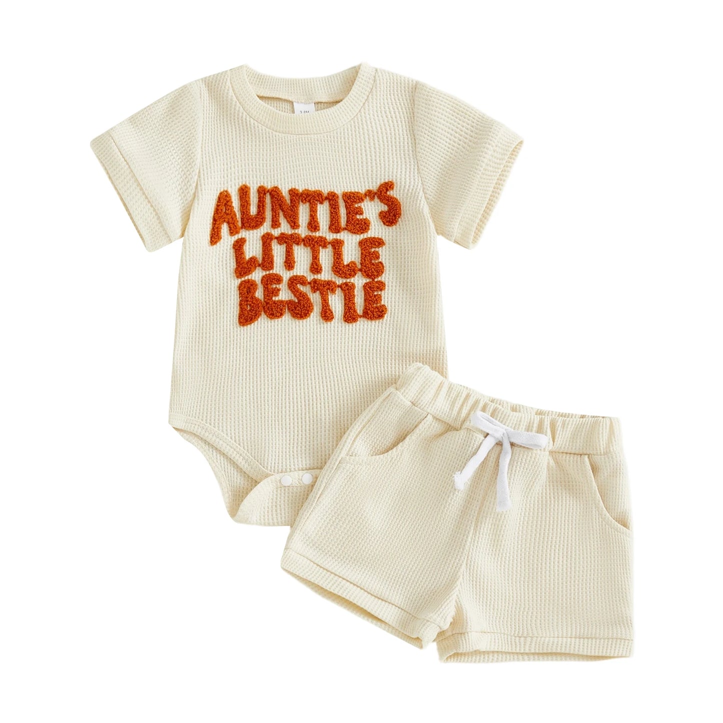 Baby Boy Girl 2Pcs Summer Clothes Mama's Boy / Auntie's Little Bestie Letter Embroidery Short Sleeve Romper Shorts 2 Pcs Outfit Set