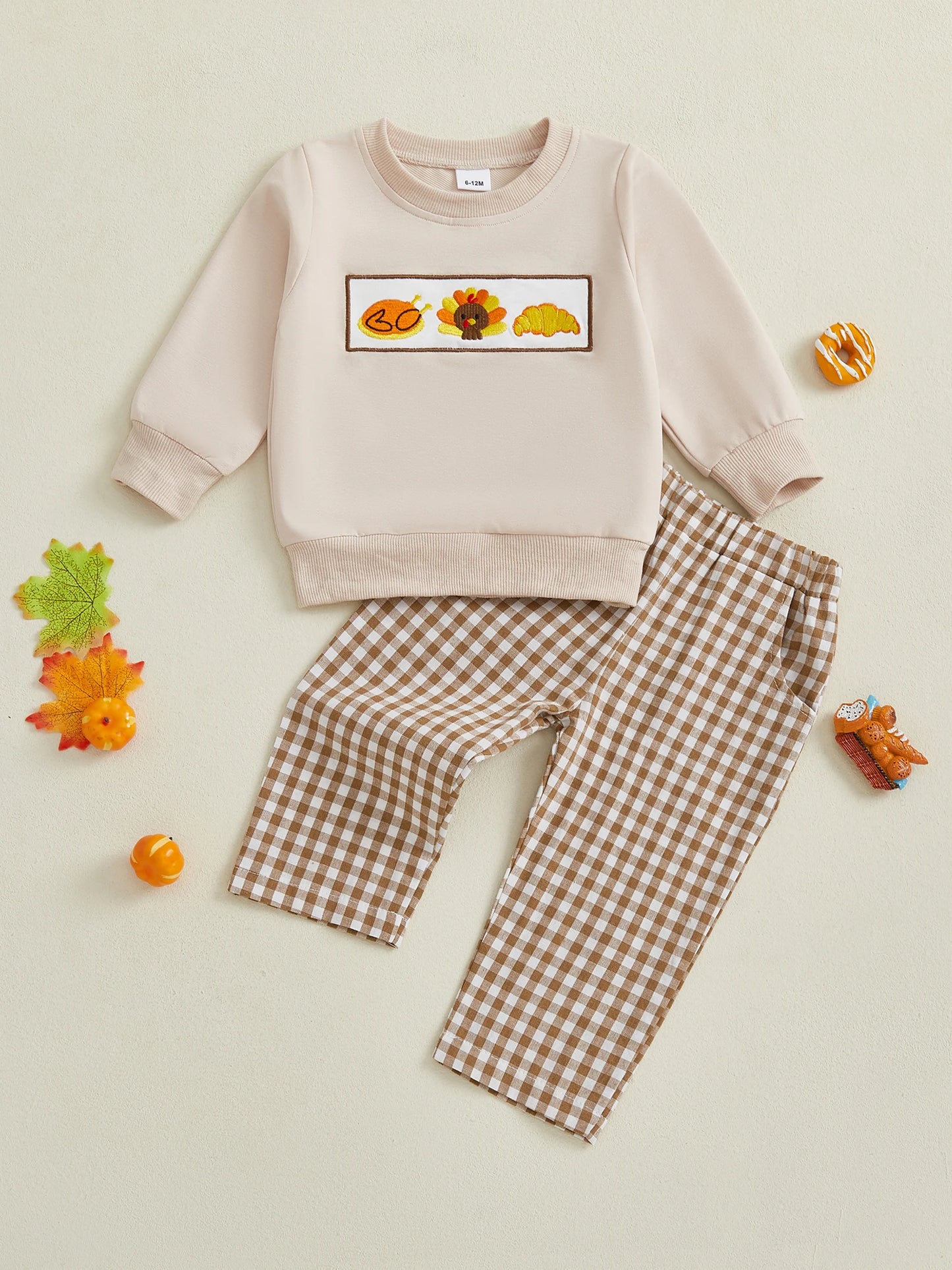 Baby Toddler Boys Girls 2Pcs Thanksgiving Outfit Pumpkin Turkey Pie Long Sleeve Crewneck Top Plaid Elastic Waist Pants Set