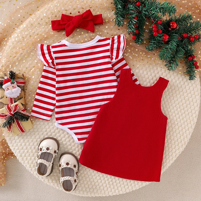Baby Girls 2Pcs Thanksgiving Christmas Outfits Stripe Long Sleeve Romper Turkey / Santa Embroidery Overalls Dress Headband Set