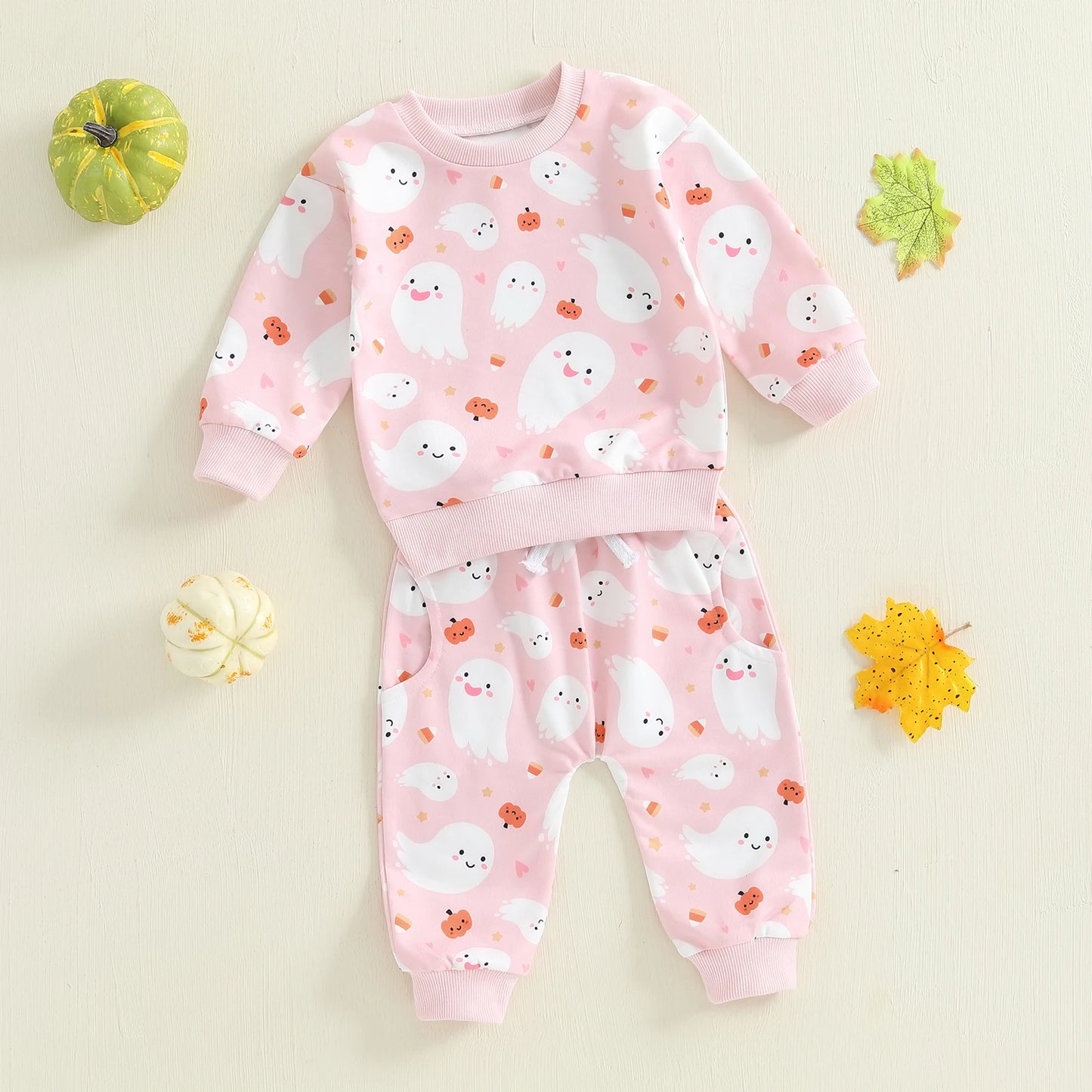 Baby Toddler Girls 2Pcs Halloween Outfit Ghost Pumpkin Print Crew Neck Long Sleeve Top and Pants Set