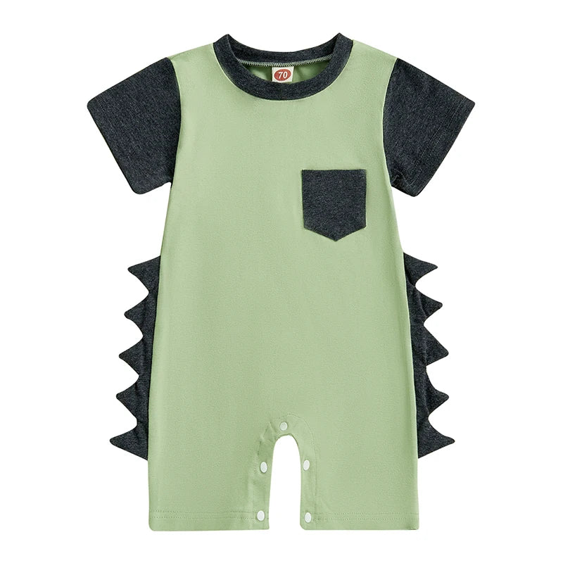 Baby Boy Summer Romper Short Sleeve Round Neck Contrast Color Dinosaur Spikes Jumpsuit Playsuit