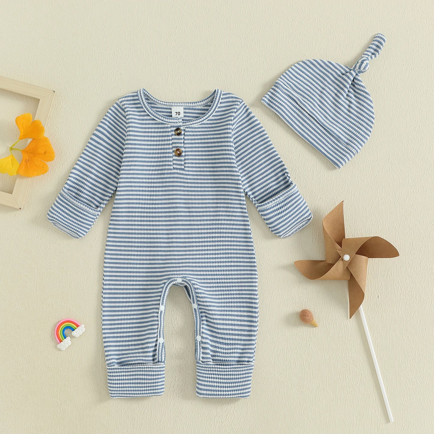 Baby Boys 2Pcs Fall Clothes Romper Stripe Print Long Sleeve Round Neck Full Length Jumpsuit with Hat Set