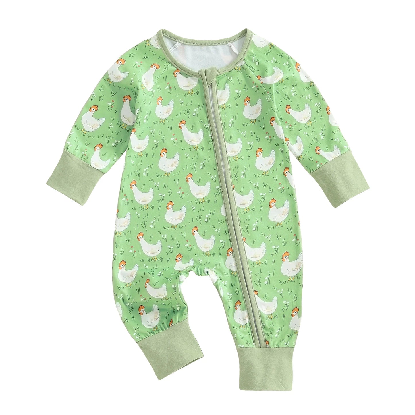 Baby Girl Boy Chicken Print Jumpsuit Long Sleeve Round Neck Zipper Romper