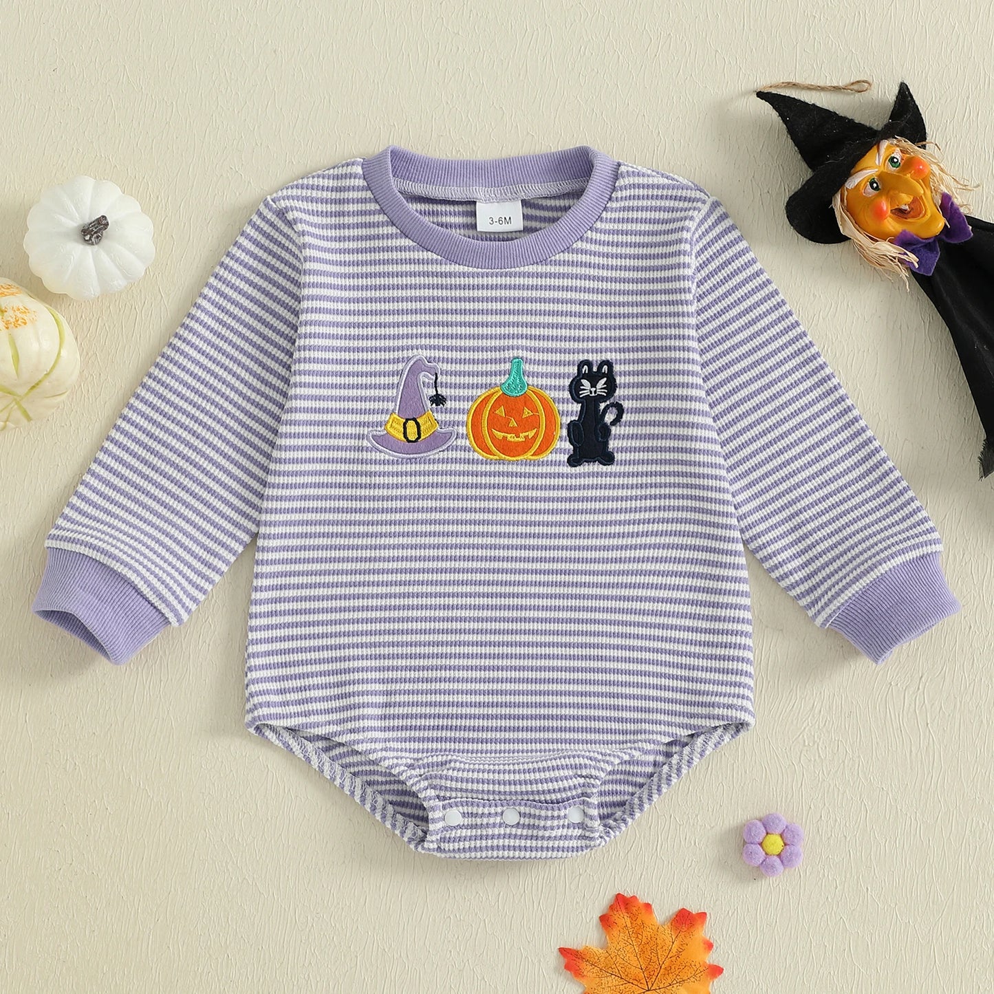 Baby Girls Boys Halloween Romper Long Sleeve Crew Neck Pumpkin Ghost Embroidery Bodysuit Fall