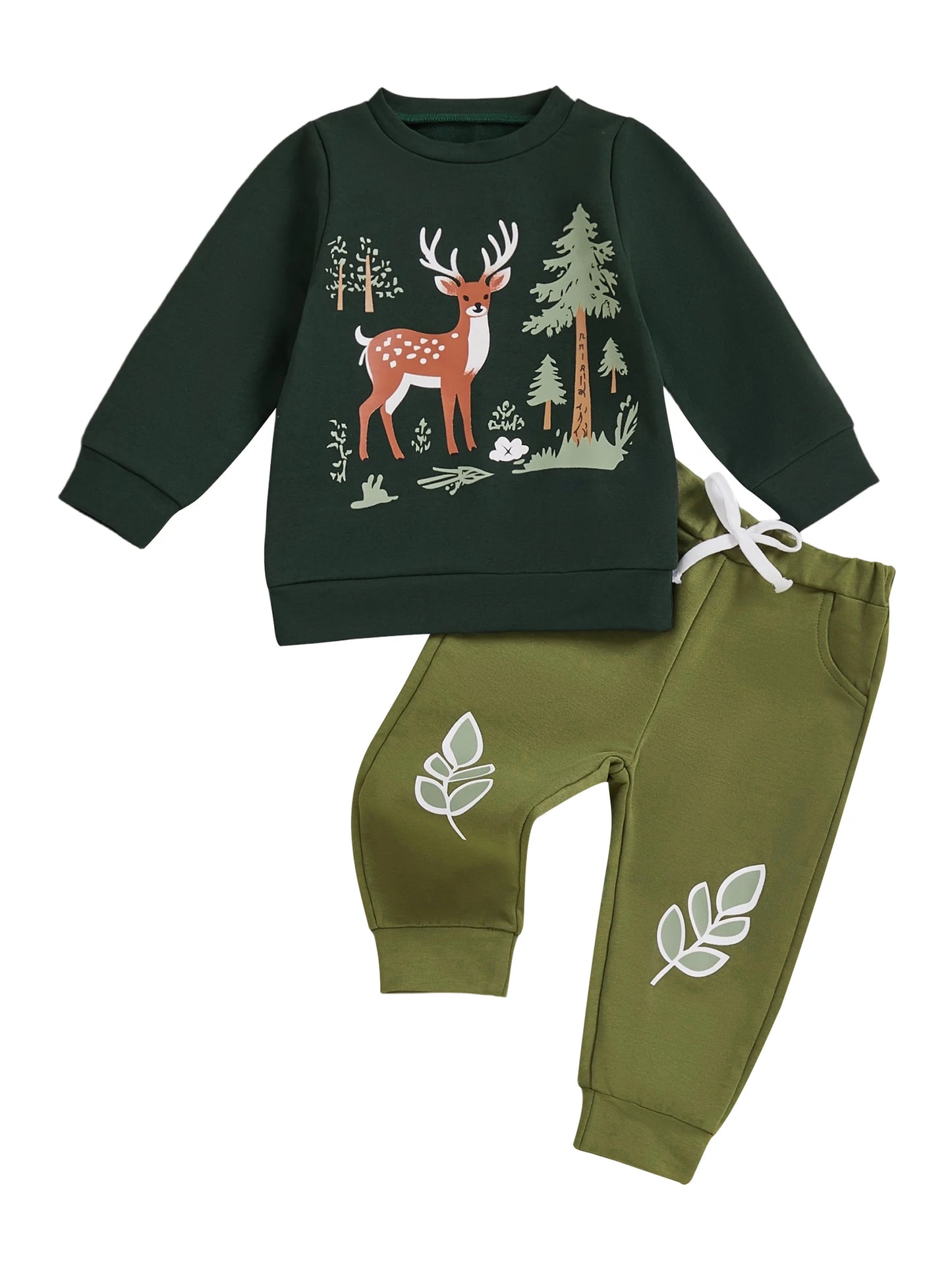 Baby Toddler Boys 2Pcs Christmas Clothes Reindeer Tree Winter Print Long Sleeve Round Neck Pullover Elastic Waist Long Jogger Pants